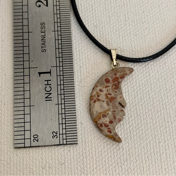 Fossil Stone Crescent Man in Moon Face Pendant Necklace Polished Half Moon 20" - Picture 7 of 7